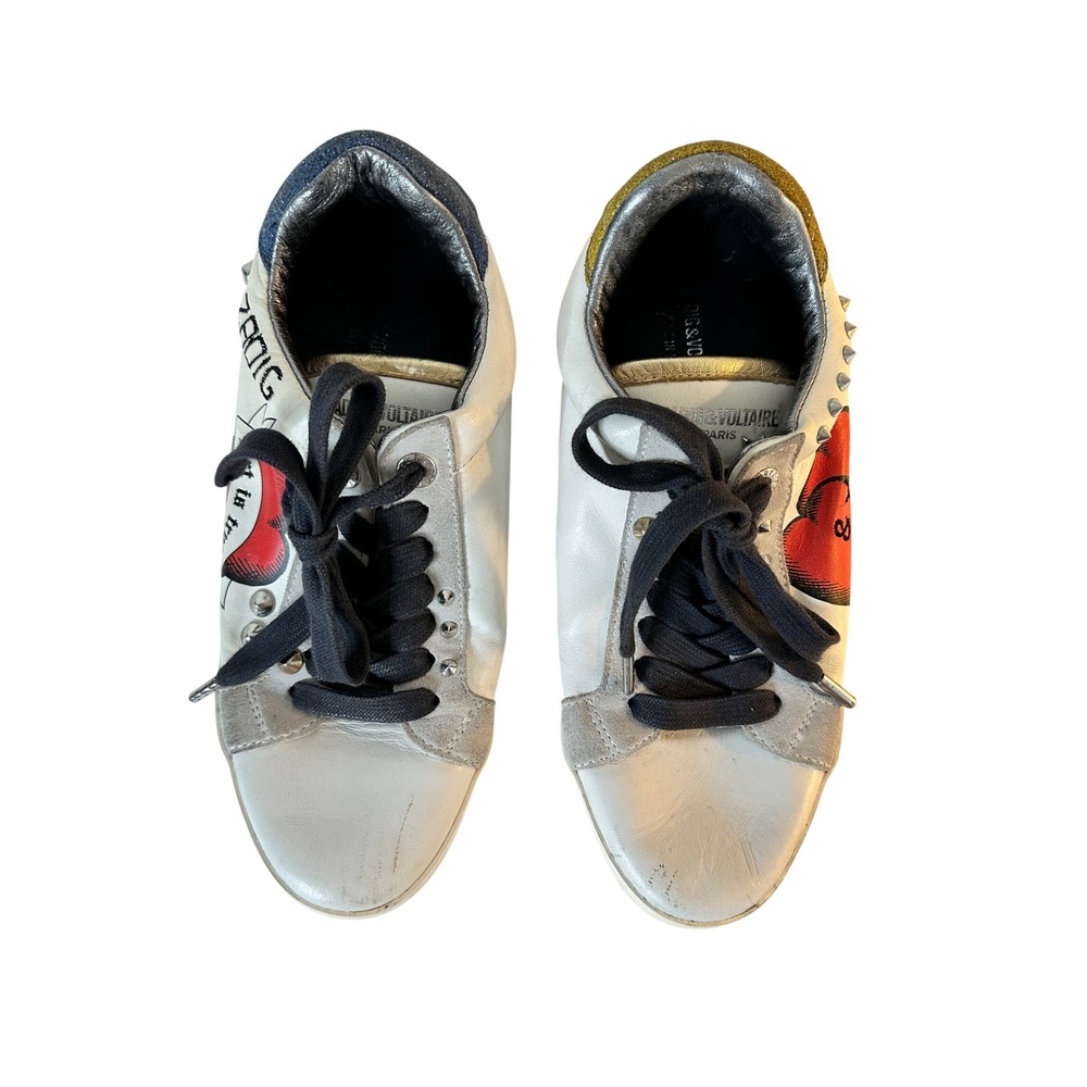 Zadig & Voltaire Art is Truth Leather Sneakers Size 39 White Red Silver Studded